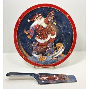Santa Claus Christmas Cake Plate w Server Holiday Party Platter Teddy Bear Toy